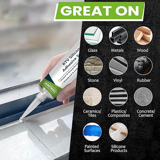RTV Silicone Adhesive Sealant 100% Silicone Sealer All-Purpose Caulk Waterproof Stronger Adhesion, Shrink & Crack Proof Caulking for Car, Kitchen, Window, Bathroom, Door (White, 3.4 Fl. Oz.)