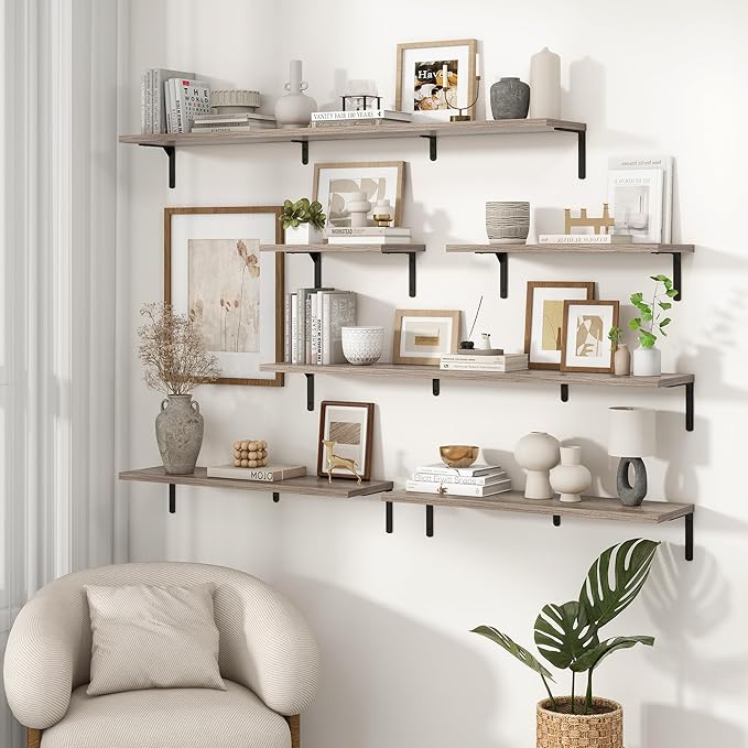 Fun Memories Deep Floating Shelves, 55W x 8D Floating Shelves Set of 2, Wall Mounted Shelf with Metal Brackets, Rustic Wood Wall Shelf for Bathroom, Kitchen and Living Room, Grey