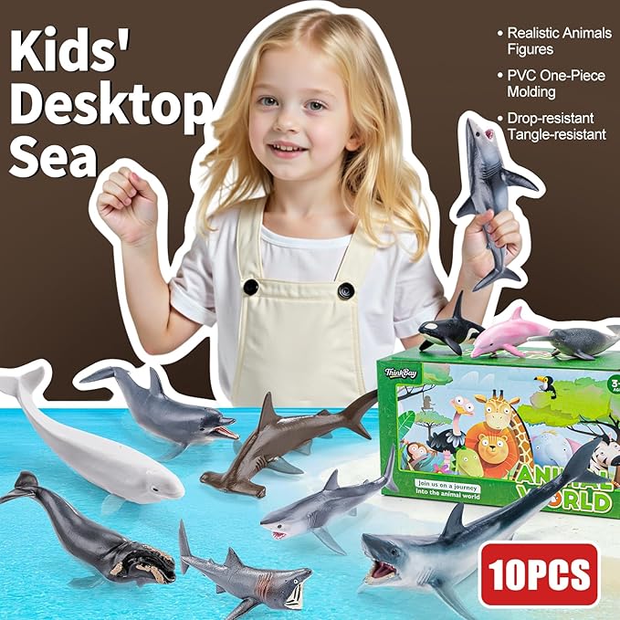 10PCS 5-6" Sea Animal Toys for Toddlers, Bath Ocean Animal Whale Shark Figurines Toys for Kids, Cake Toppers Birthday Party Favors & Gifts for Boys & Girls