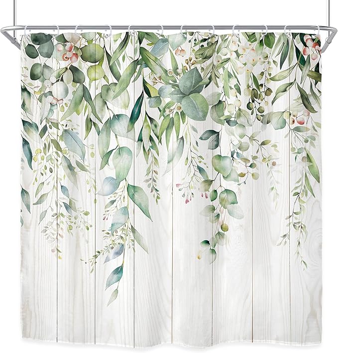 Riyidecor Sage Green Eucalyptus Leaves Shower Curtain for Bathroom Decor 72Wx72H Wooden Rustic Leaf Plants Botanical Spring Floral Art Printed Fabric Polyester Waterproof 12 Pack Plastic