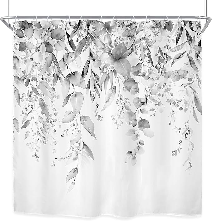 Riyidecor Grey Eucalyptus Leaves Shower Curtain for Bathroom Decor 72Wx72H Retro Plants Watercolor Floral Rustic Botanical Nature Gray Art Printed Fabric Polyester Waterproof 12 Pack Plastic
