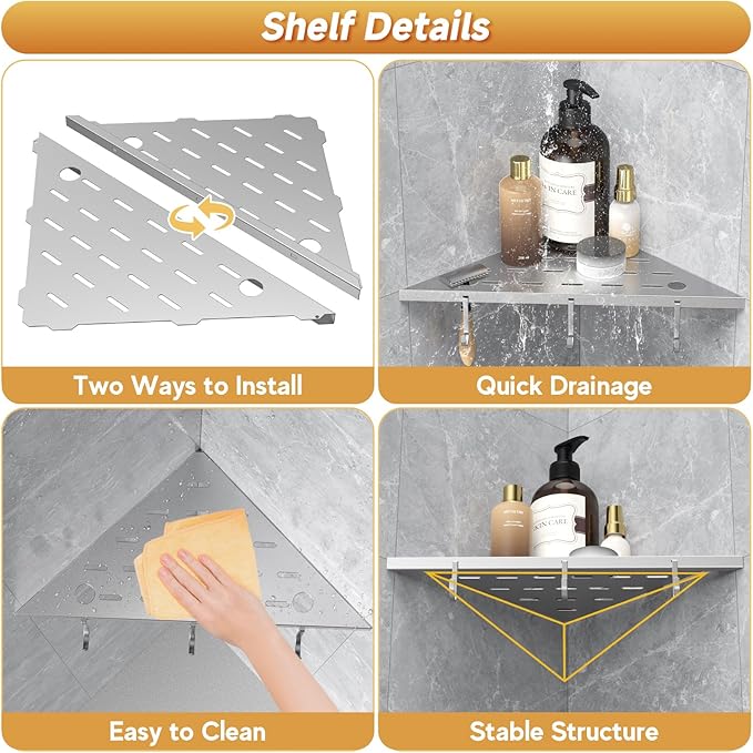 Corner Shower Shelf 10" Silver 304 Stainless Steel Recessed Shelf for Bathroom,Shower Corner Rack with Razor Hole Hook, Grout in Shelf for Tiled Wall, 2 Pack