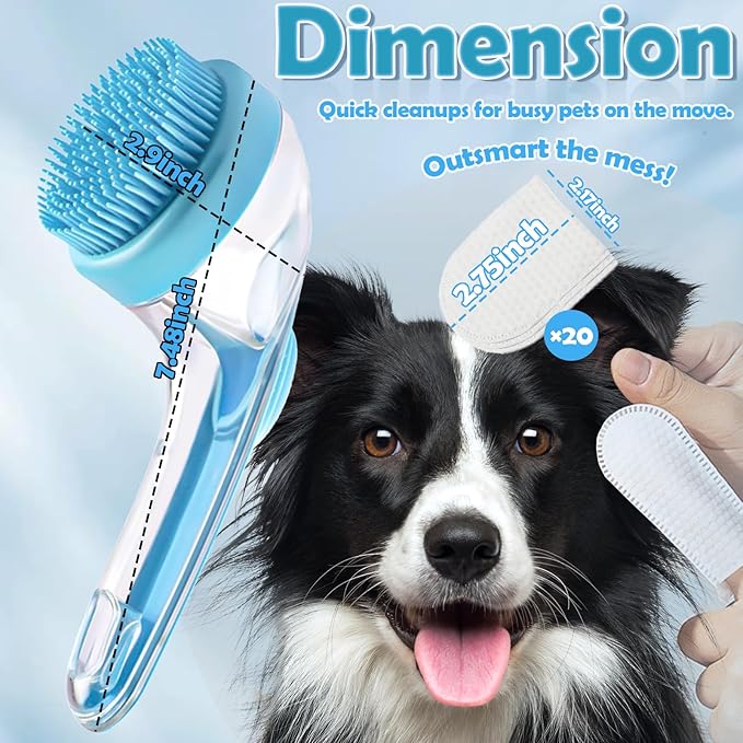 2025 New Dog Bath Brush with Built-in Shampoo Dispenser - 4-in-1 Pet Grooming Kit | Includes 20 Disposable Finger Wipes, 1 Compressed Bath Towel, 2 Body Wipe Compressed Tablets