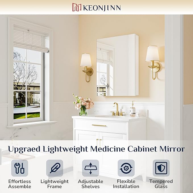 Keonjinn 24 x 32 Inch Medicine Cabinet Mirror, Assembly Required, Large White Medicine Cabinets for Bathroom, Stepless Adjustable Shelves, Tempered Glass, Soft Closing, Recessed or Wall Mount
