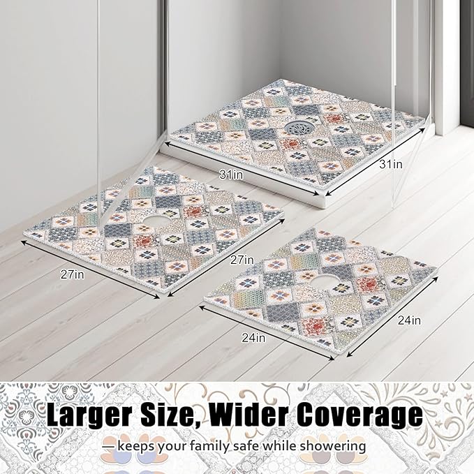 Square Shower Mat Non Slip: 31x31 Inch Extra Large Shower Floor Mat with Drain Hole in Middle - Soft PVC Loofah Bath Mat for Shower - Anti Slip Shower Stall Mat for Elderly and Kids