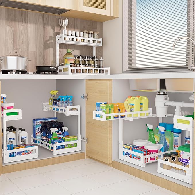 Under Sink Organizer, Metal Large Capacity 2-Tier Sliding Cabinet Storage Rack, Heavy-Duty Rust-Resistant Steel Frame, Holds 50 lbs, Adjustable Height 12–16", 14"D x 11"W for Kitchen & Bathroom, White