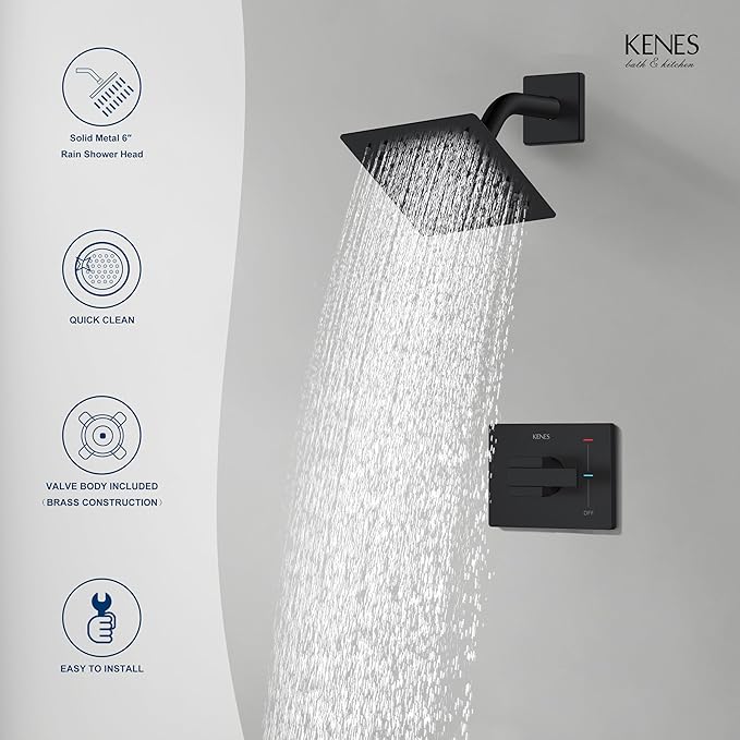 KENES Matte Black Shower Faucet with 6-Inch Shower Head and Handle Set, Square Shower Faucet Set Bathroom Rainfall Shower System Wall Mount, KE-6025B-2 (Shower Valve Included)