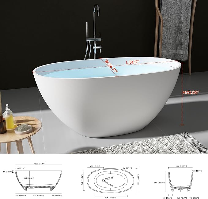 SJ STAR&JANE 51" Solid Surface Freestanding Bathtub, Stone Resin Oval Soaking Tub, Matte White,with Pop-up Drain & Overflow