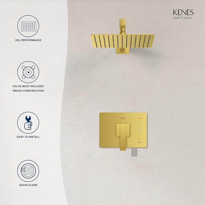 KENES Brushed Gold Shower Faucet, Modern Square 10-Inch Shower Head and Handle Set, Bathroom Rainfall Shower System Wall Mount, KE-6024B-4 (Including Shower Valve)