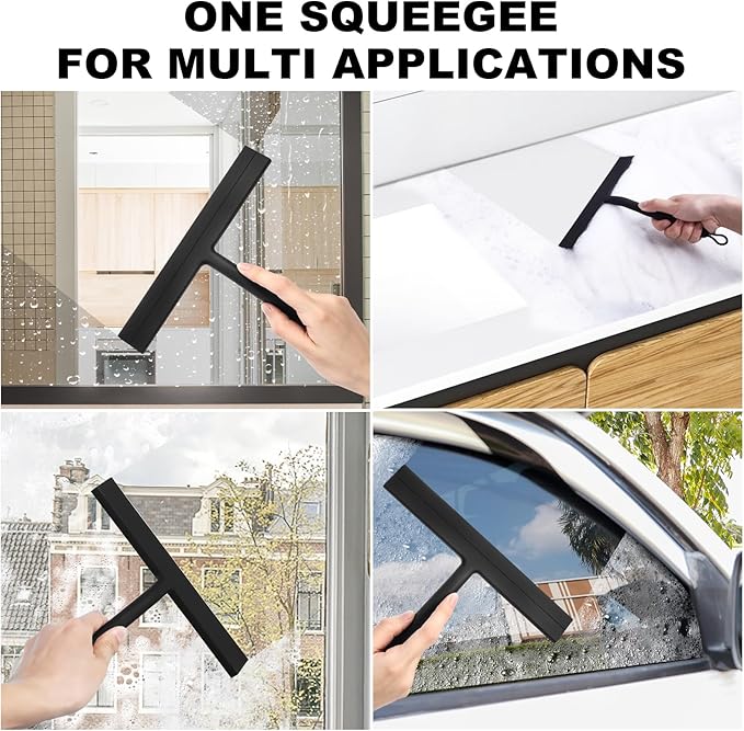 Shower Squeegee for Glass Doors and Bathroom, Stainless Steel with Silicone Blade, Window and Mirror Cleaner with No-Drill Hook, Streak-Free Cleaning Tool