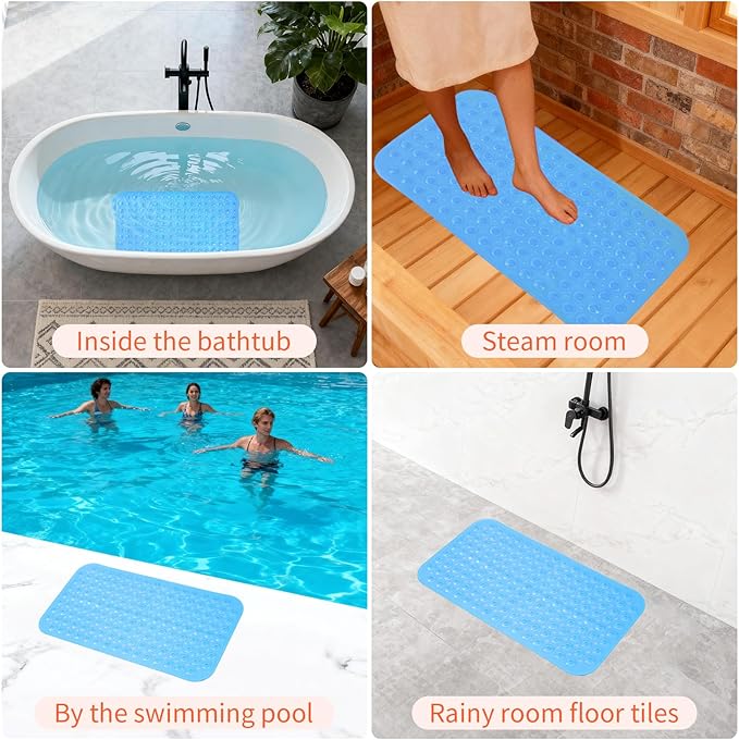 Anti-Slip Bathtub Shower mat, 27.5×14.5(Approximately 70×37cm) inch Soft Oversized Machine Washable Non-Slip Bathtub mat with Drainage Holes, Bathroom Floor Suction Cup.(1-Clear Blue)