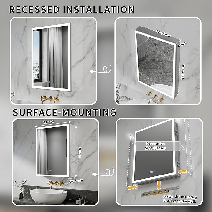 GroGro Lighted Medicine Cabinet with Mirror and Storage,24" W x 30" H LED Bathroom Medicine Cabinet with Mirror,Surface or Recessed Mounting,Defog,Dimming,3-Color Temperature,Right Opening Door