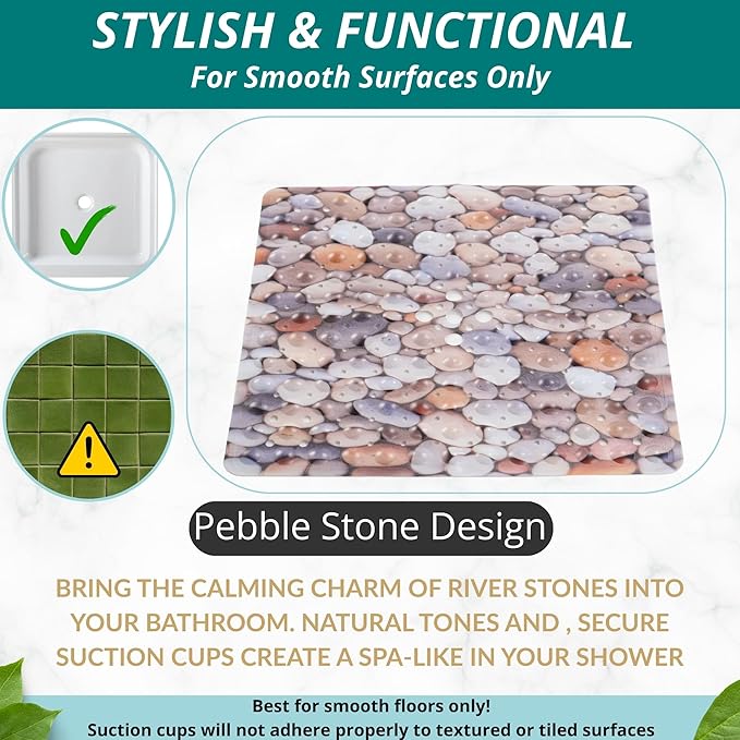 ENKOSI Square Shower Mat 21x21 inch - Anti Slip Shower Stall Floor Mat - Non Slip Shower Mats with Strong Secure Suction Cups and Drain Holes in Middle (21x21 Pebble Stone)