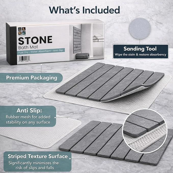 Foldable Stone Bath Mat – Premium Diatomaceous Earth Quick Dry Bathroom Mat, Water Absorbing, Non-Slip Stone Mat for Modern Bathrooms