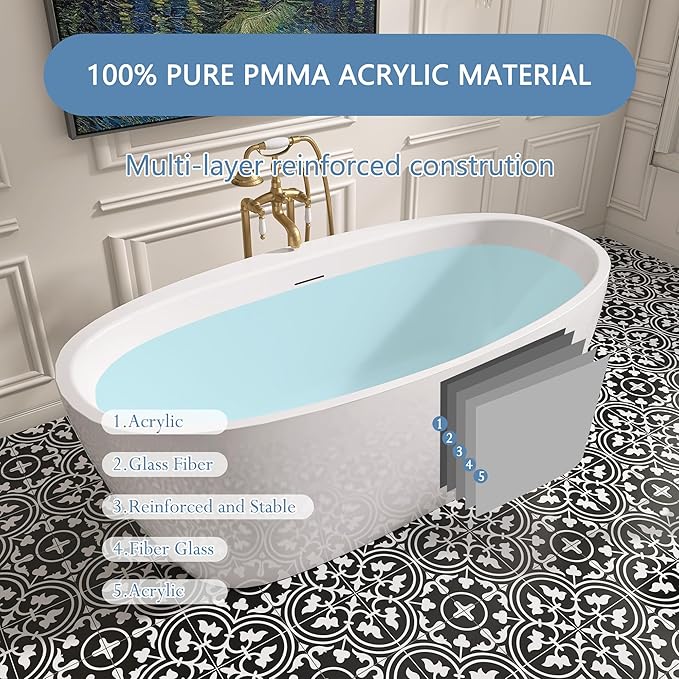 67" Free Standing Tub, Pure Acrylic Freestanding Bathtub, Stylish Stand Alone Tub, Contemporary Deep Soaking Bath Tub, cUPC Certified (Glossy White)