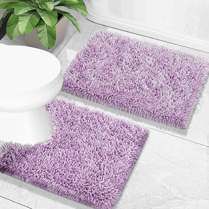 Yimobra Toilet Rugs U Shaped Washable, Extra Thick Soft Absorbent Chenille Contour Bathroom Rugs for Toilet 24x24 Inch, Quick Dry Non Slip Toilet Mat for Bath Floor, Lilac
