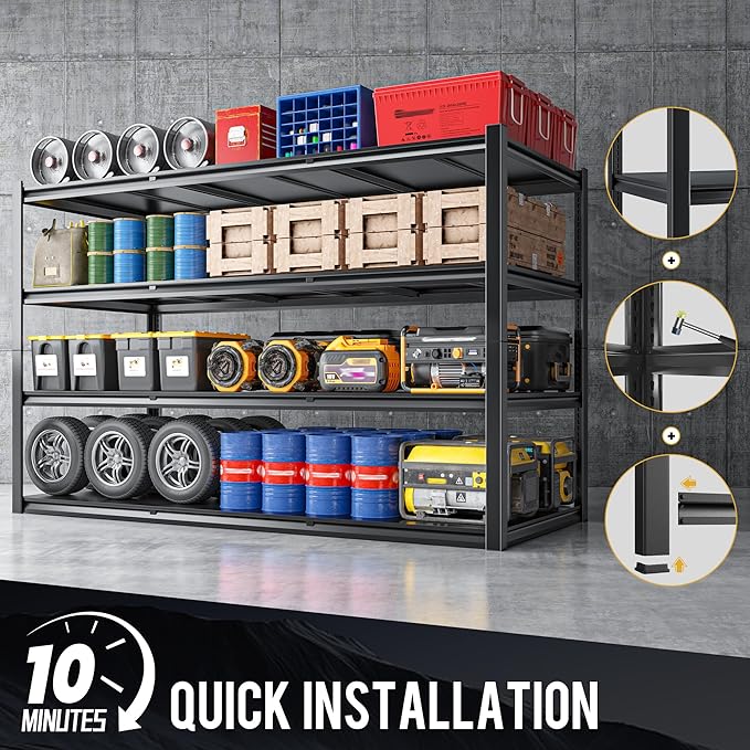 59.8" H Garage Shelving 2400LBS Metal Shelving Unit Adjustable Garage Storage Shelves 4 Tier Heavy Duty Storage Rack for Pantry, Warehouse, Industries, 59.8" W x 59.8" H x 24.2" D
