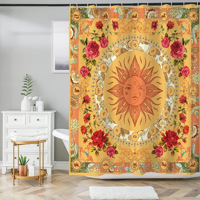 Bohemian Shower Curtain, Boho Floral Print Water Repellent Polyester Fabric for Bathroom Decor, 72×72 Inch Standard Size with 12 Hooks, Also as Room Divider