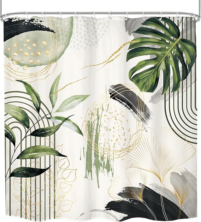 Grey Green Boho Shower Curtain 72Wx72H Abstract Tropical Palm Leaves Modern Bohemian Minimalist Gold Leaf Mid Century Plant Bathroom Decor Botanical Bath Curtain Fabric Polyester 12 Pack Hooks