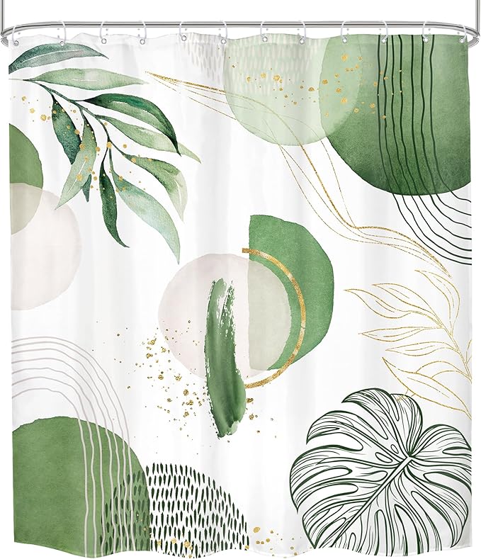 Extra Long Green Boho Shower Curtain 72Wx84H Mid Century Modern Abstract Palm Leaves Plant Tropical Gold Olive Geometric Bathroom Decor Minimalist Bath Curtain Fabric Polyester 12 Pack Hooks