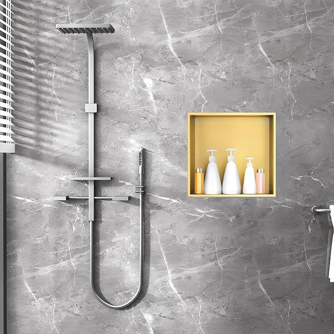 SaniteModar Shower Niche, Stainless Steel Shower Niche 12" X 12" No Tile Needed, Recessed for Bathroom Storage, Brushed Gold (Brushed Gold, 12x12)