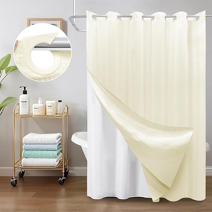 Inhousolu No Hook Waffle Weave Shower Curtain with Removable Snap in Fabric Liner Set for Bathroom, 230 GSM Heavy Duty Weighted Hem, Water Repellent Washable Bath Curtains, 72 x 72 Inch, Ivory