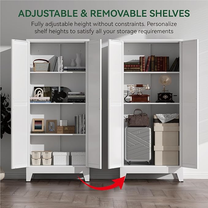 61" Tall Metal Kitchen Pantry Storage Cabinet with Double Doors & 3 Adjustable Shelves, Freestanding Cupboard for Kitchen, Dining Room, Bathroom, White