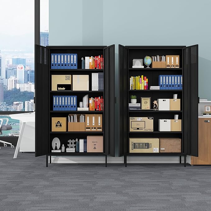 COFaR 5 Tier Black Metal Storage Cabinet, Free Standing with 2 Doors, 4 Adjustable Shelves and Legs, Cupboard Metal Cabinet for Living Room, Kitchen, Dining Room, Office