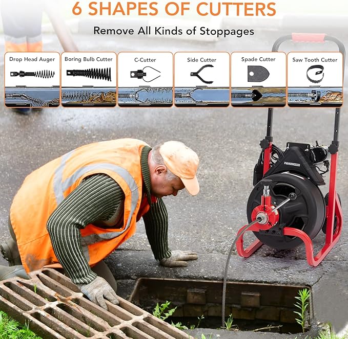 Heavy Duty Electric Drain Cleaner Machine, 100 Ft x 3/8 Inch Sewer Snake, 370w Auto-Feed, 6 Interchangeable Cutters, Gloves, Portable Pipe Cleaning Tool for 2-4 Inch Pipes