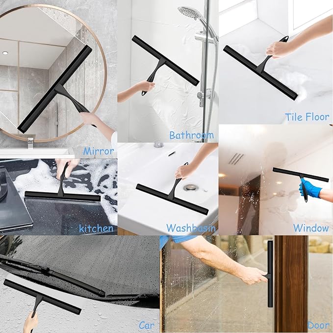 Shower Squeegee for Glass Doors, 12 Inches Bathroom Squeegee with Spare Silicone Blade, Shower Door Hook and Adhesive Hook, Stainless Steel Bathroom Squeegee for Mirror Window (12in-Black-1 Pack)