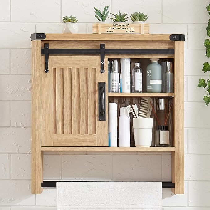 Bathroom Wall Cabinet, Farmhouse Medicine Cabinet with Sliding Barn Door & Adjustable Shelves, Wall Mounted Storage Cabinet for Toilet, Kitchen, Living Room (Natural Oak)