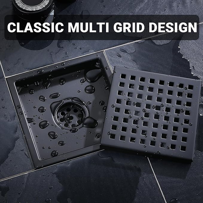 6 Inch Square Shower Floor Drain, Stainless Steel Black Shower Drain Kit with Flange, Floor Drain with Removable Grid Cover,Matte Black