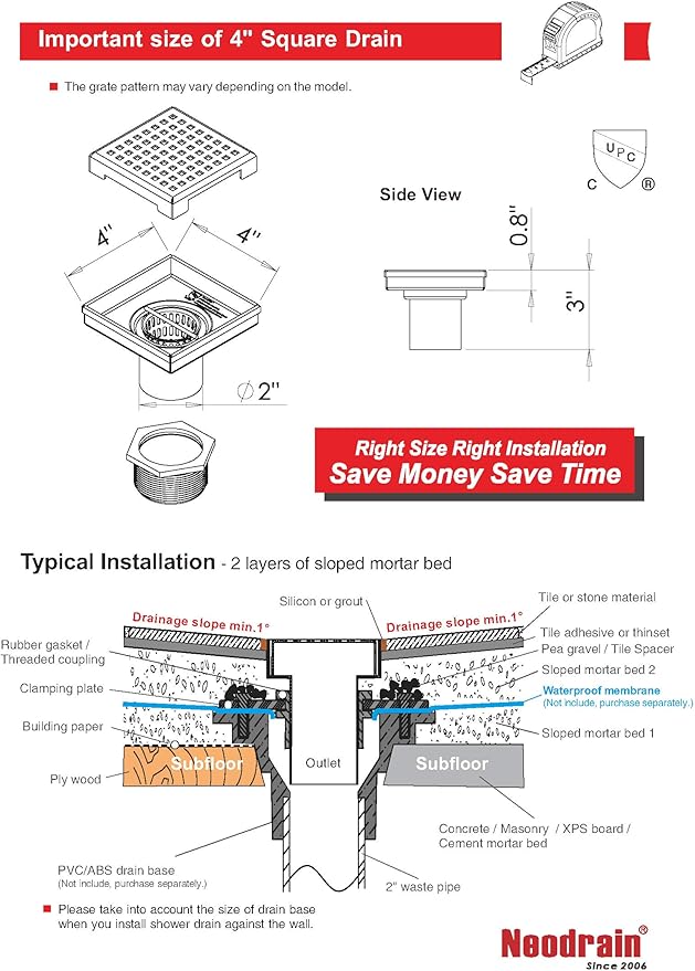 Neodrain 4-Inch Square Shower Drain with Removable Quadrato Pattern Grate, PVC Shower Drain Base and Rubber Gasket for Bathroom Floor Drain, Brushed 304 Stainless Steel, Includes Hair Strainer
