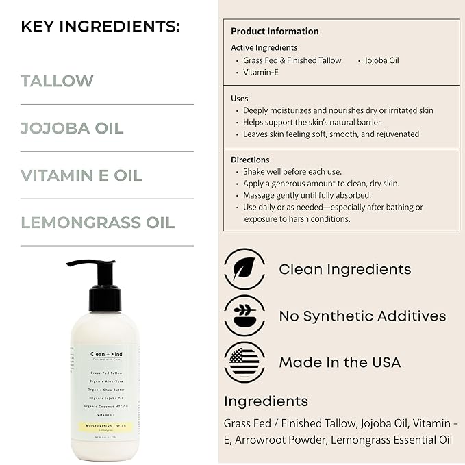 Daily Moisturizing Lotion – Tallow Body Lotion with Aloe Vera, Shea Butter, Jojoba Oil, MCT Oil & Vitamin E – Deep Hydration for Dry, Rough, Sensitive Skin (8 oz, Lemongrass)