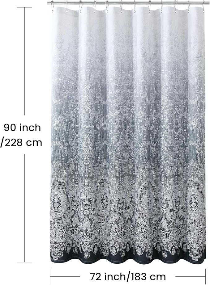 90 Inch Extra Long Shower Curtain - Chantilly Lace Design, Heavyweight Polyester, Dark Gray to White Ombre, 72" W x 90" H