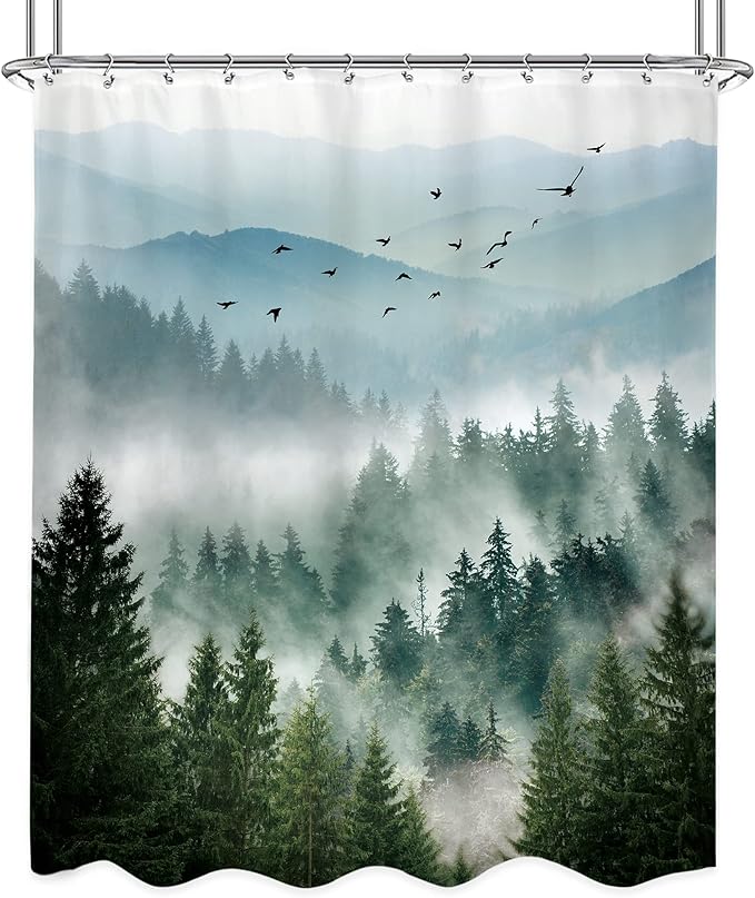 Riyidecor Rustic Green Mountain Shower Curtain for Bathroom Nature Woodland Tree Scenery Waterproof Cloth Fabric Shower Curtains,Alpine Landscape Natural Mens Bathroom Decor 12 Pack Hooks 60Wx72H Inch