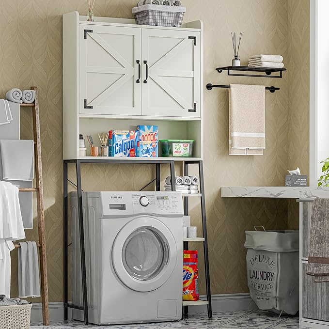 Vabches Over The Toilet Storage Cabinet, Farmhouse Storage Cabinet Over Toilet with 2 Barn Door & Toilet Paper Holder Stand,Home Space-Saving Toilet Rack, for Bathroom, Restroom, Laundry