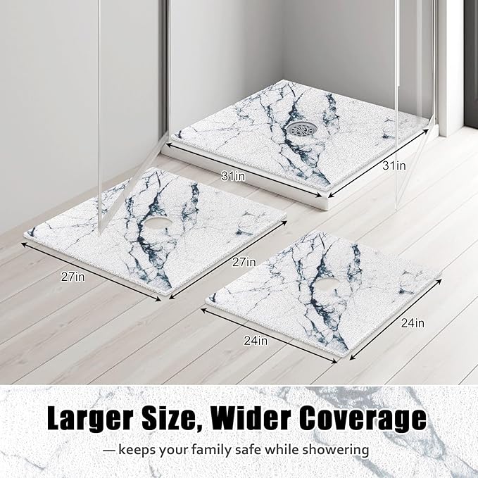 Square Shower Mat Non Slip: 31x31 Inch Shower Floor Mat with Drain Hole in Middle, Super Soft and Comfortable PVC Loofah Massage Bath Mat for Shower, Anti Slip Shower Stall Mat, Quick Drying
