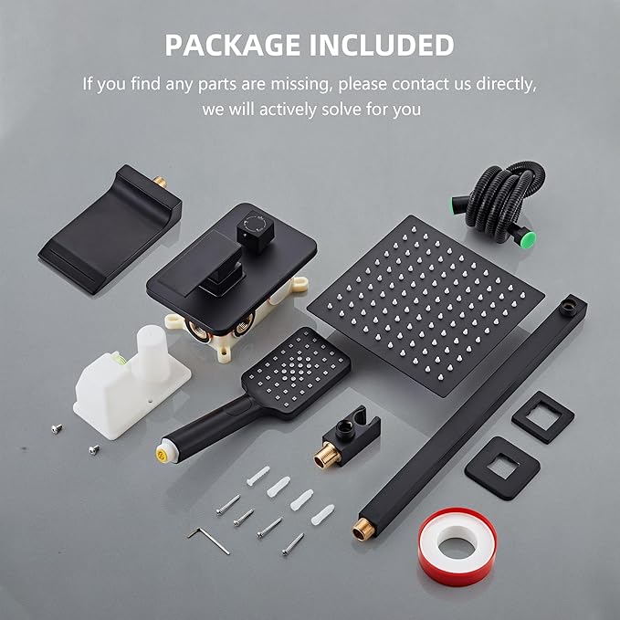 Shower Faucet Set Complete Matte Black Shower System with 8 inch Square Rainfall Shower Head 3-Function Handheld Shower Waterfall Bathtub Spout Rain Shower Combo Set Bathroom Wall Mounted