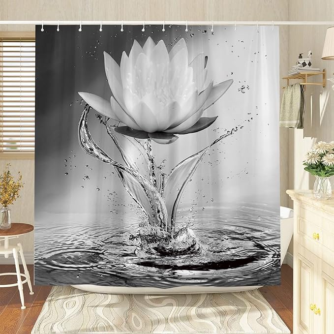 Lotus Shower Curtain Black White Grey Flower Elegant Blooming Floral with Dew Spring Flower Reflection on Water Modern Romantic Polyester Fabric Bathroom Decor 70×90 Inch with Hook