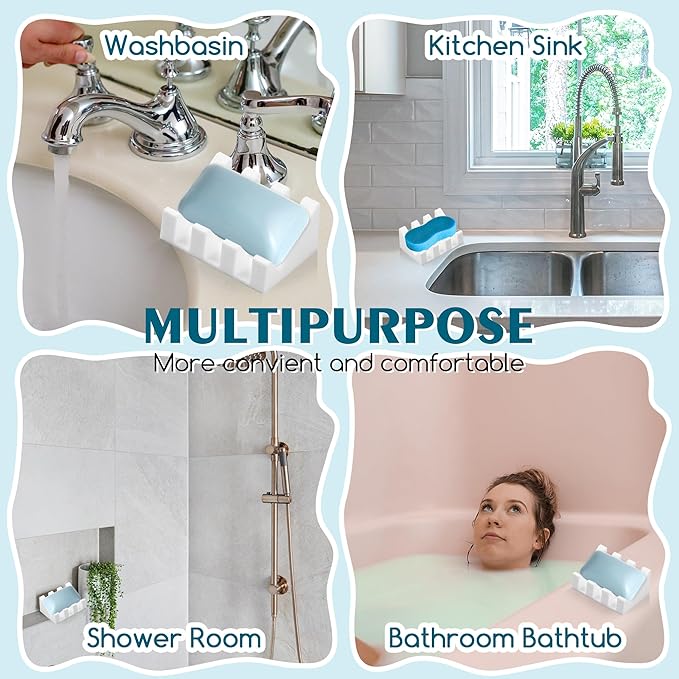 Silicone Soap Dish with Drain, Upgrade Double Suction Cups at The Bottom for Anti-Slip and Stability, Soap Dish Shower Waterfall Bar Soap Holder Tray with Drain Soap Holder (4, White)