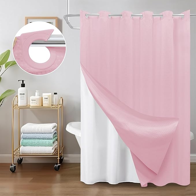 Inhousolu No Hook Waffle Weave Shower Curtain with Removable Snap in Fabric Liner Set for Bathroom, 230 GSM Heavy Duty Weighted Hem, Water Repellent Washable Bath Curtains, 72 x 72 Inch, Pink