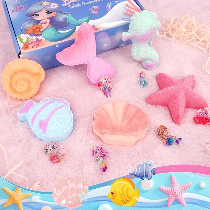 Mermaid Bath Bombs for Girls Kids with Surprise Inside, 6PCS Organic Essential Oil Bubble Bath Bombs for Kids,Christmas Birthday Gift for 3-8 Mermaid Princess Party Favors