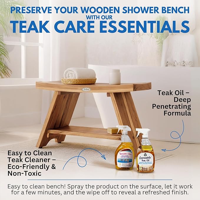 EcoDecors 35 Inch Serenity Teak Shower Bench – Waterproof Bathroom Seat with Large Storage Shelf For Adults & Seniors | Spa-Style Teak Wood Stool with Non-Slip Feet, Elegant Finish, 300 Pound Capacity