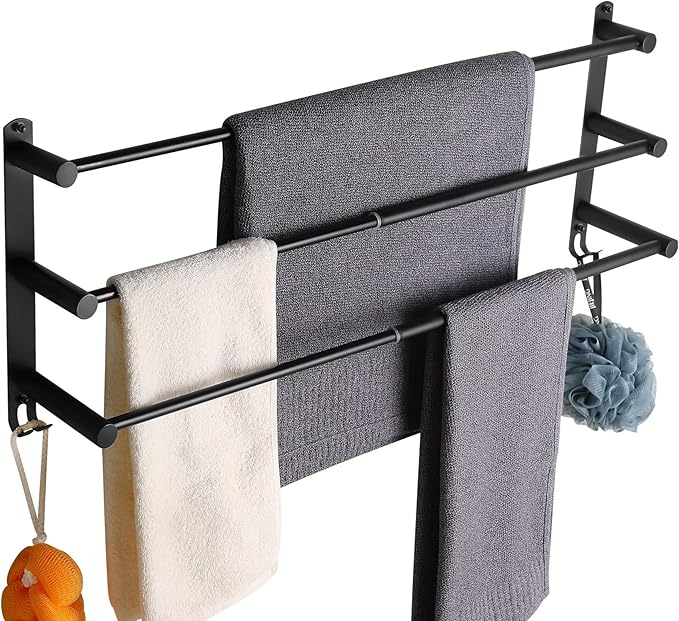 Black Adjustable Towel Bar for Bathroom Wall Mount17-30.7inch Adhesive Shower Towel Rack Stainless Steel Bath Towel Holders for Toilet Kitchen Double Towel Hanger (Black 3 Bar)