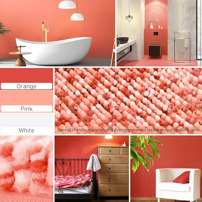 Yimobra Luxury Bathroom Rugs, 47x24, Extra Soft Chenille Mats for Bathroom Non Slip, Fluffy Long Matts for Tub, Plush Shaggy Carpet Runner, Water Absorbent, Machine Washable, Orange & Pink