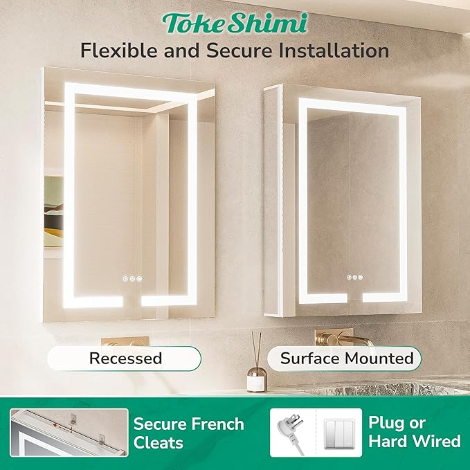 TokeShimi 30x32 Led Medicine Cabinet Mirror with Electrical Outlet, Wall Mounted or Recessed Medicine Cabinet with Light Frontlit, Anti-Fog 3 Colors Dimmable Mirror with Storage for Bathroom