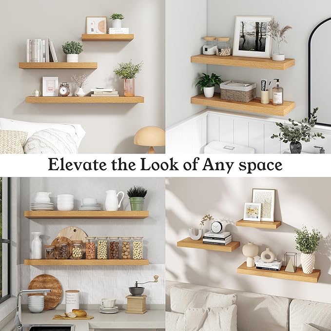 Floating Shelves for Wall, 7.9" Deep Wall Mounted Wood Shelves for Bathroom, Bedroom, Living Room, Kitchen, Hanging Shelf for Books/Storage/Room Decor (Oak, 16")