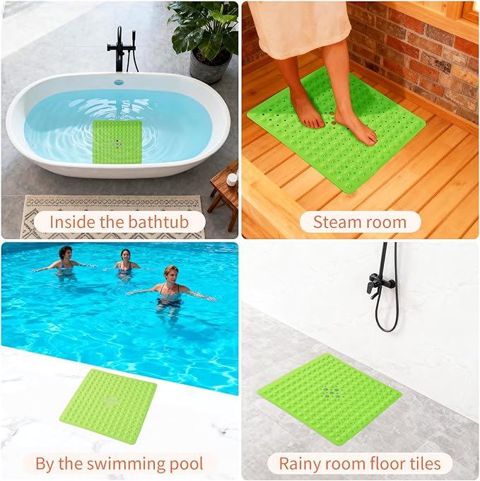 Anti-Slip Bathtub Shower mat, 20.8×20.8(Approximately 53×53cm) inch Soft Oversized Machine Washable Non-Slip Bathtub mat with Drainage Holes, Bathroom Floor Suction Cup.(1-Opaque Pea Green)