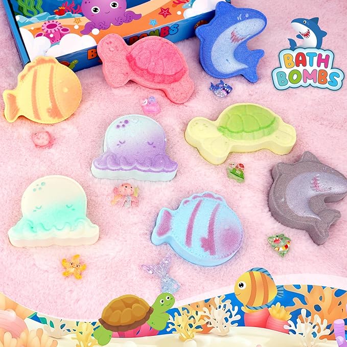 Sea Animal Bath Bombs for Kids with Surprise Inside, 8PCS Organic Essential Oil Shark Octopus Turtle Fish Bubble Bath Bombs for Kids,Birthday Gift for 3-8 Boys,Girls Ocean Party
